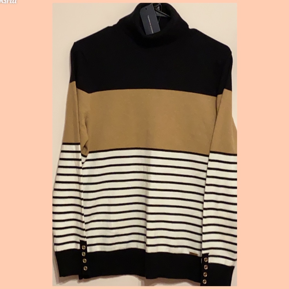 TOMMY HILFIGER Women Sweater Color: Black, Tan and White Size: Medium